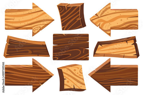 Set of thick wooden arrow signs pointing left and right, jagged hand-cut edges, stylized wood grain texture, flat 2D vector art, game UI assets