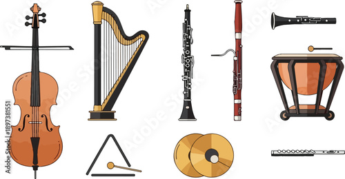 Collection of various musical instruments displayed together in a graphic illustration from a straightforward viewpoint