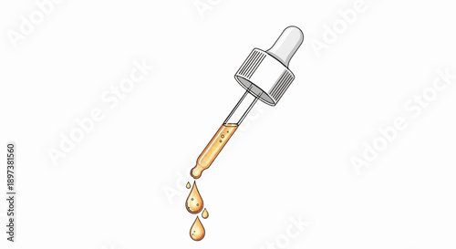 Illustration of a dropper with clear glass tube and white top, dispensing three amber liquid drops