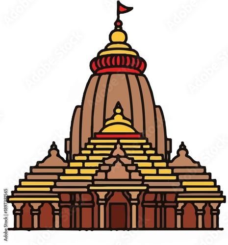 Cartoon illustration of a traditional temple with tiered architecture, gold accents, and a red flag on top
