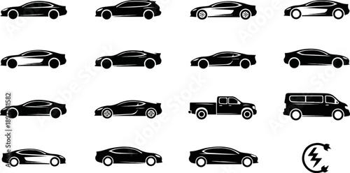 Various black silhouette icons of different vehicles cars, truck, van, and an electric symbol on white background