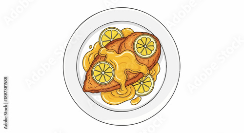 Cartoon illustration of golden fillets with bright yellow sauce and lemon slices on a white plate, top view