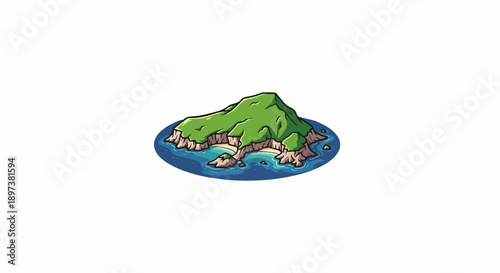 An isometric pixel art illustration of a lush green island surrounded by clear blue ocean with sandy beaches