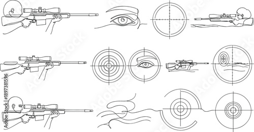 Continuous line art vector of sniper aiming rifle with scope crosshairs for precision targeting military security and focus concepts