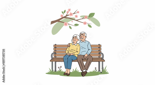 Illustration of a happy elderly couple sitting on a park bench under a blooming cherry blossom branch