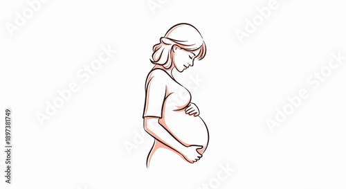 Illustration of a pregnant woman in profile, gently cradling her belly with hands, looking down