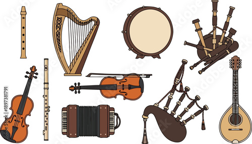 Assorted Musical Instruments Displayed on White Background