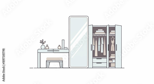 Minimalist flat-design illustration of a dressing area with a vanity table, full-length mirror, and open wardrobe