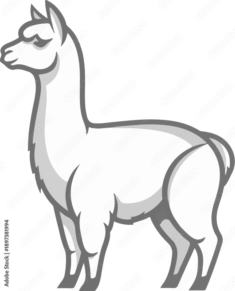 Fototapeta premium Stylized white and grey alpaca illustration standing in profile view, minimalist animal art