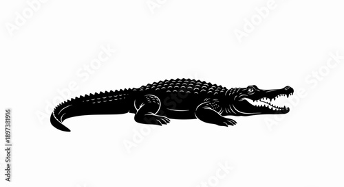 Black graphic silhouette of an angry crocodile with its mouth wide open and sharp teeth visible on white