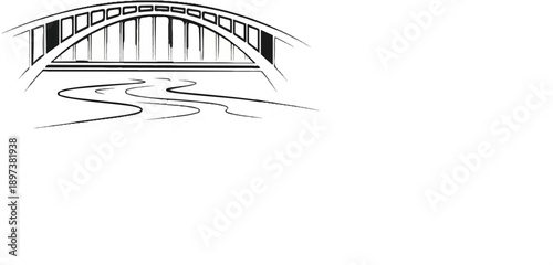 Stylized black and white illustration of an arched bridge spanning over a winding river