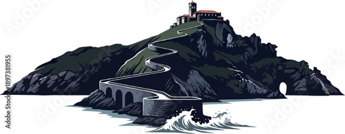 Pixel art of a steep coastal island. A winding path and bridge lead to a church-like building atop. Waves crash below