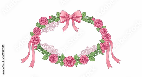 An elegant oval wreath of pink roses and green leaves, adorned with a large pink ribbon bow and lace