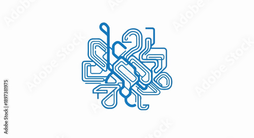 An intricate abstract pattern of interconnected blue lines and shapes, resembling a complex circuit or maze
