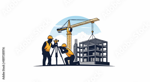 Construction workers survey a building site with a crane lifting a structural frame against a sky backdrop