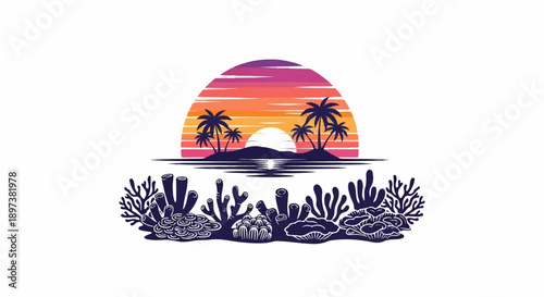 Vibrant retro sunset graphic with palm tree islands above a diverse coral reef silhouette