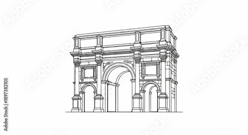 Detailed line art illustration of a classical monumental arch with multiple arches and decorative columns