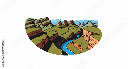 Illustration of a deep canyon with a blue river winding through layered rock formations under a clear sky