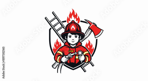 Cartoon young firefighter in uniform with hose nozzle, shield, ladder, axe, and flames on white background