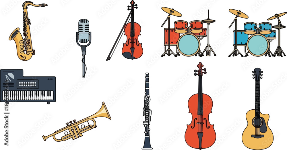 Fototapeta premium Various musical instruments arranged neatly on a white background, viewed from directly above.