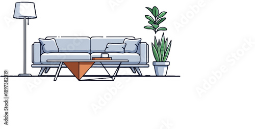 Minimalist illustration of a cozy living room with a light blue sofa, coffee table, floor lamp, and plants