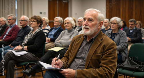 Senior man taking notes during a seminar with a group. Elderly people attending an educational lecture or workshop