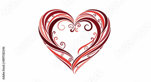 Decorative heart shape crafted from swirling red and maroon bands with intricate curls on a white background