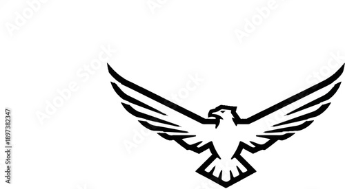 Stylized black and white graphic of an eagle in flight, wings spread wide, against a plain white background