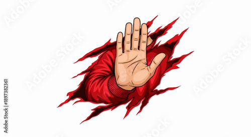 Cartoon hand in red sleeve emerging from torn fabric, palm facing forward as a stop gesture