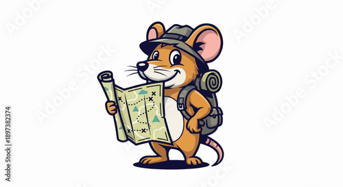 Smiling cartoon mouse explorer with a hat and backpack, holding and examining a detailed map