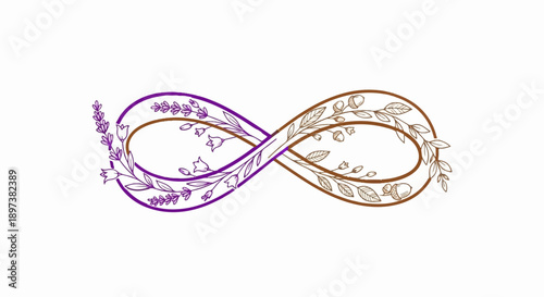 An infinity symbol formed by intertwined purple lavender/bellflower and brown acorn/leaf botanical vines