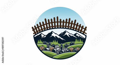 Circular illustration of a peaceful mountain village nestled in green hills beneath snow-capped peaks with a wooden fence
