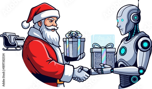 Santa Claus and a futuristic robot shake hands, exchanging gifts with circuit board patterns, on a white background