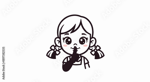 Cute cartoon girl with pigtails and rosy cheeks making a 'shhh' gesture, finger on lips