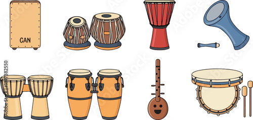Collection of musical instruments including drums and percussion elements displayed together