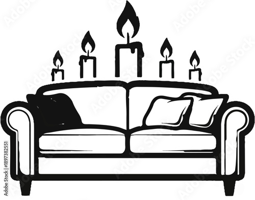 Simple black and white line art of a cozy two-seater sofa with five lit candles on top