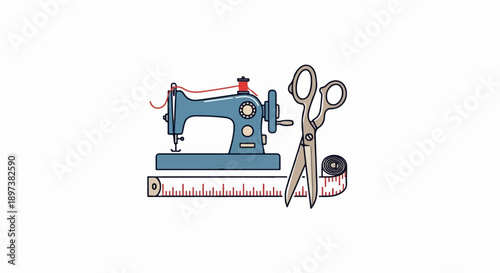 An illustration of classic sewing tools a blue sewing machine, beige scissors, and a measuring tape
