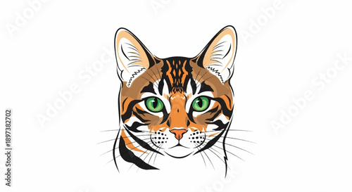 Colorful vector illustration of a cat's face with striking green eyes and intricate patterned fur
