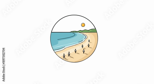 Illustration of a sunny beach scene with blue sea, sandy shore, green hills, and small figures walking