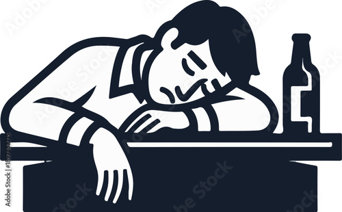 Stylized black and white illustration of a person slumped over a table, next to an upright bottle