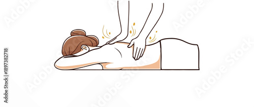 Illustration of a woman lying down receiving a relaxing back massage, with golden therapeutic elements