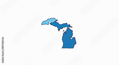 Stylized blue outline map of a North American state, featuring its distinct two-peninsula shape