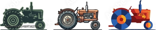 Three stylized tractors in different art styles and colors, representing various agricultural machinery