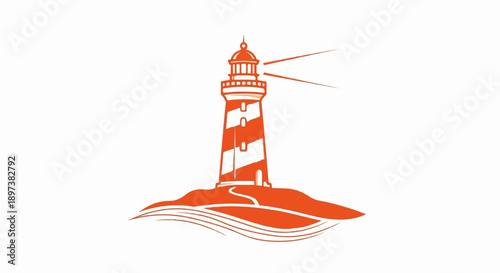 An orange and white striped lighthouse stands on a small island, emitting light, with waves below