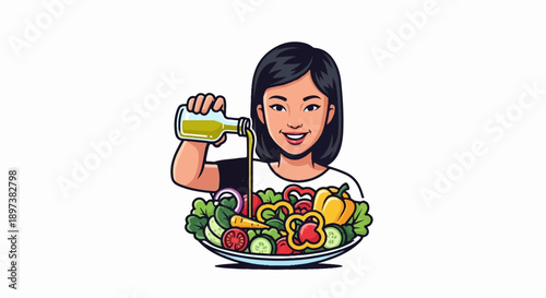 An illustration of a smiling woman adding dressing from a bottle to a vibrant, fresh salad