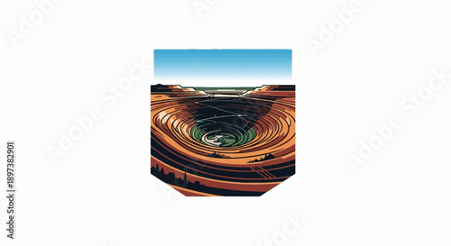 An abstract, pixelated illustration depicting a massive open-pit mine with terraced layers and a distant horizon