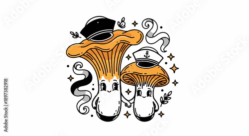 Charming illustration of two orange mushrooms wearing sailor hats, holding hands, surrounded by decorative elements