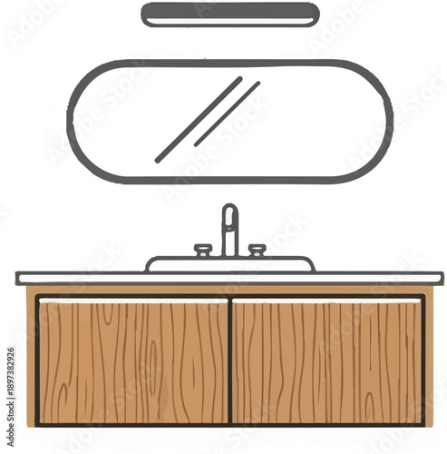 Simple line art illustration of a bathroom vanity with a sink, faucet, mirror, light, and wooden cabinet