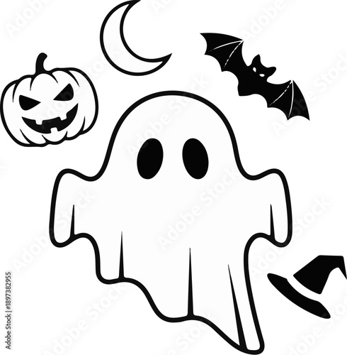 Spooky black and white line art illustration featuring a ghost, jack-o'-lantern, bat, moon, and witch hat