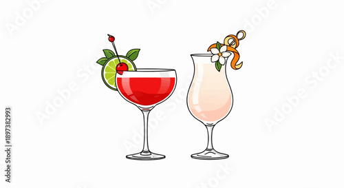 Two vibrant illustrated cocktails a red drink with lime and cherry, and a creamy drink with a flower